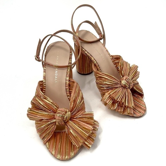 Loeffler Randall Camellia Sunset Bow Sandal Block Heel Peep Toe Stripe Sandal - Picture 12 of 14